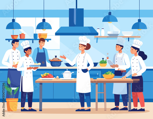 Illustration of chefs in a professional kitchen, preparing food, with one chef gesturing and instructing the others.
