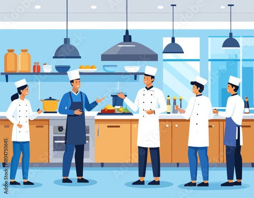 A group of chefs in a commercial kitchen, discussing food preparation and culinary techniques, wearing chef hats and aprons.