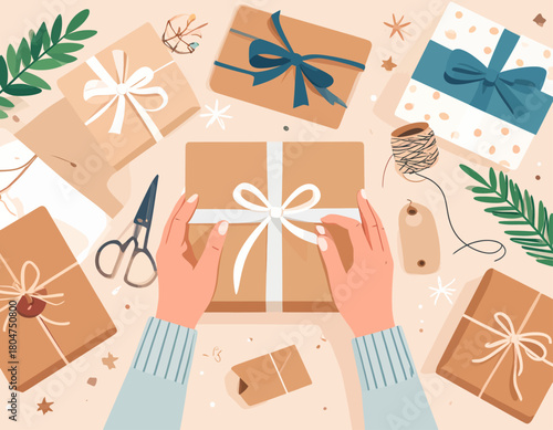 Hands tying a white ribbon on a brown gift box surrounded by other wrapped presents, twine, tags, scissors, and greenery on a light surface.