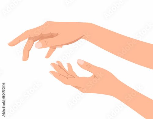 Two hands depicted in a vector illustration, one reaching down, the other open and upward-facing, against a white background.