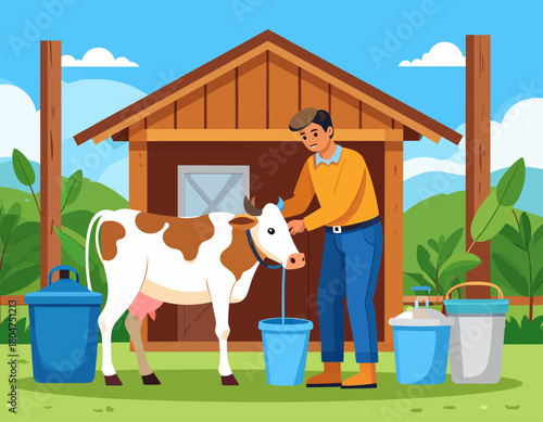 A farmer is milking a cow in front of a wooden barn, with buckets nearby in a rural, sunny, outdoor setting.