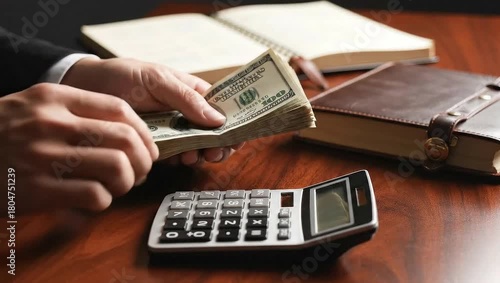 Counting Cash with Calculator and Notebook Finance Close Up