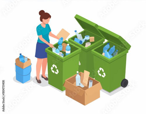 A woman sorts recyclables into green bins marked with the recycling symbol, separating plastic bottles and cardboard.