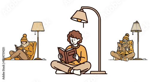 People reading books under warm lamps in cozy home setting during cold winter days