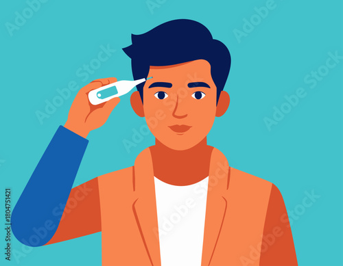 Illustration of a young man holding a digital thermometer to his forehead, checking for fever against a teal background.