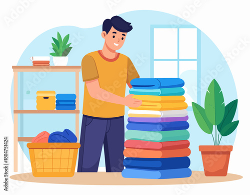 A man is smiling while folding a tall stack of colorful, clean laundry in a bright, homey room with plants.