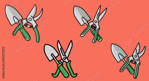 Garden tools arranged on a coral background for gardening and outdoor activities