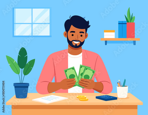 A man with a beard sits at a desk counting green money, with a calculator, coins, and paperwork nearby.