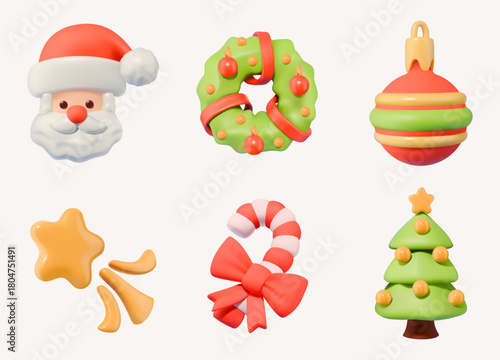 3D Christmas Icons. Santa, Wreath, Bauble, Star, Candy Cane, Tree