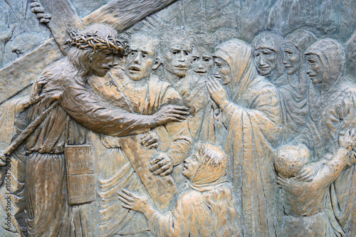 Station VIII: Jesus meets the women of Jerusalem. The Way of the Cross on Mount Križevac (the Cross Mountain) in Medjugorje.