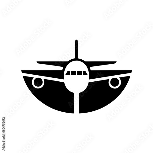 Stylized airplane front view with wings and tail fin on transparent background