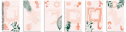 Organic botanical and simple line shapes layout set . Six contemporary social media story templates collection, perfect for spa, wellness, beauty small business. Vector illustration
