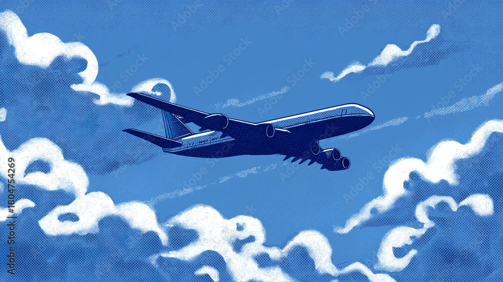 Naklejka premium Imagem conceitual de avião em voo entre nuvens claras, associada a turismo, viagens, transporte aéreo e liberdade de movimento.