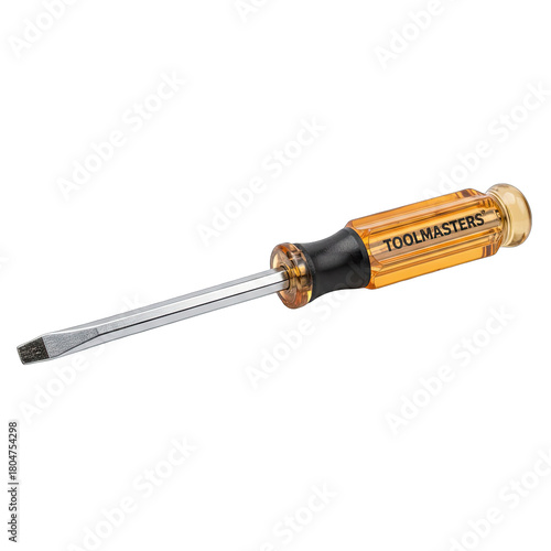 Transparent Flathead Screwdriver With Amber Handle and Metal Shaft Isolated On Black Background Tool Masters Branding Visible