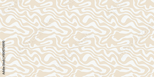 Vector seamless pattern with fluid organic shapes. Abstract pastel texture with wavy flowing forms, delicate curves. Soft beige and white background. Modern repeated decorative design for decor, wrap