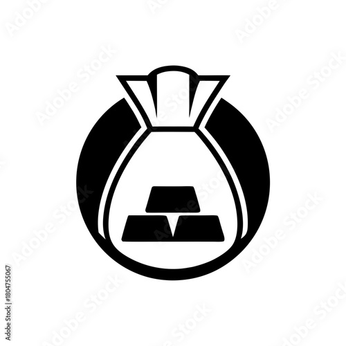 A bag with gold bars inside a circular black shape on transparent background