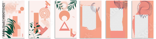 Organic botanical and simple line shapes layout set with cut-out frames. Six contemporary social media story templates collection, perfect for spa, wellness, beauty small business. Vector illustration