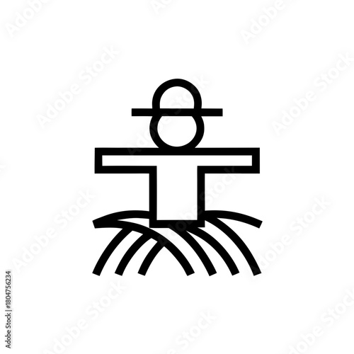 Stylized scarecrow with hat in field line drawing on transparent background