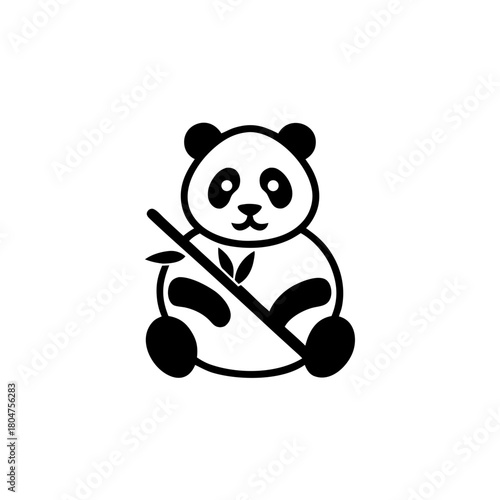 Cartoon panda holding bamboo stick black and white on transparent background