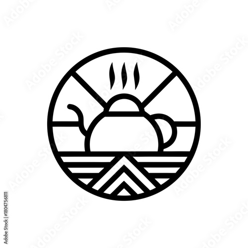 Minimalistic teapot with steam in geometric circle art on transparent background