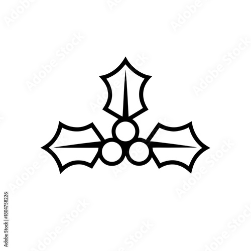 Illustration of holly leaves and berries in black line on transparent background
