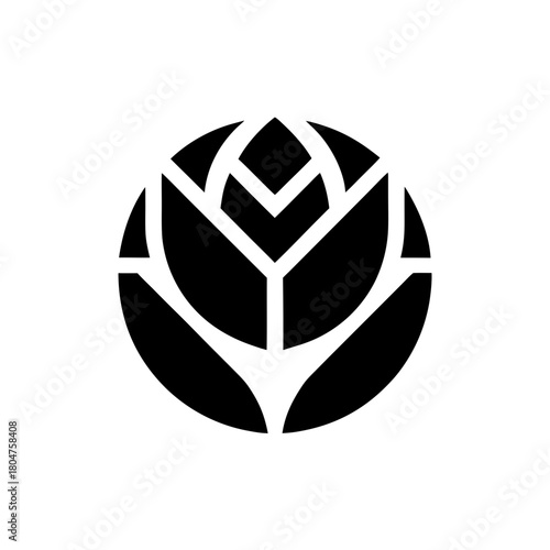 Stylized black rose design in circular arrangement on transparent background