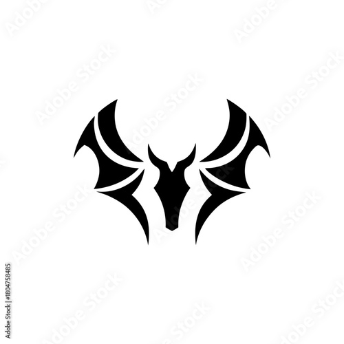 Stylized bat with horns and wings in black silhouette on transparent background