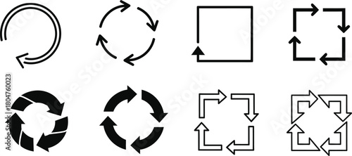Collection of eight diverse circular and square arrow recycling symbols