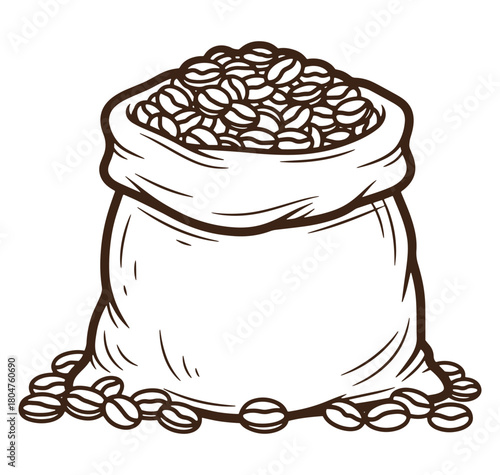 Hand drawn illustration of a coffee bean sack filled with roasted beans in outline format
