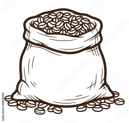 Hand drawn illustration of a coffee bean bag filled with freshly roasted coffee beans.