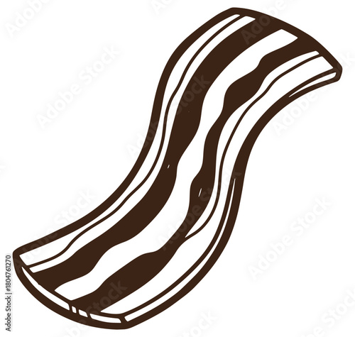 Hand drawn illustration of a single strip of crispy cooked bacon on white background