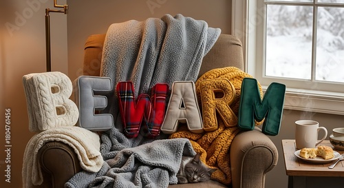 Cozy Living Room with Warm Blankets and Decorative Letters During Winter