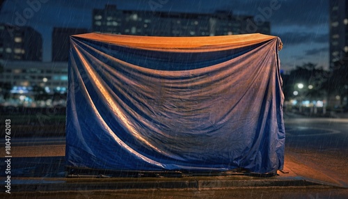 Outdoor Storage Shed Covered With Blue Tarp Under Evening Rain In Urban Setting