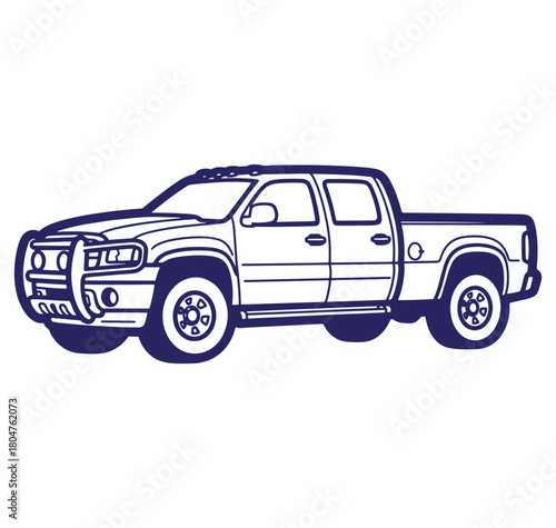 Illustrated drawing of a heavy duty pickup truck with a brush guard on a white background