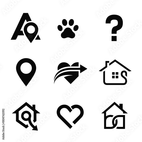 Collection of nine black icons including location pin paw print question mark heart house and abstract shapes