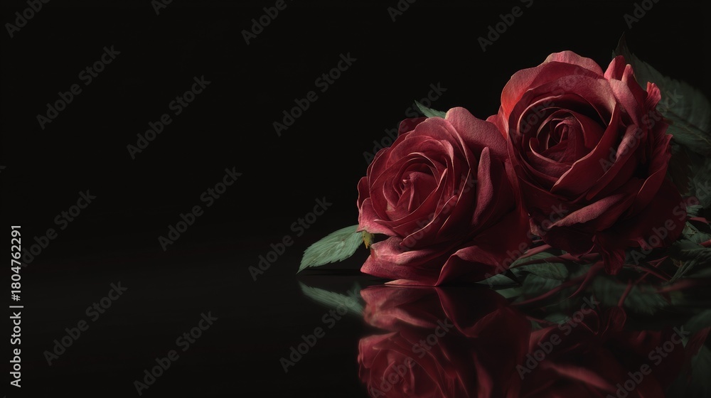 Fototapeta premium Elegant red roses on black background with soft reflection and moody lighting symbolizing love, romance and passion for Valentine’s Day or wedding design 