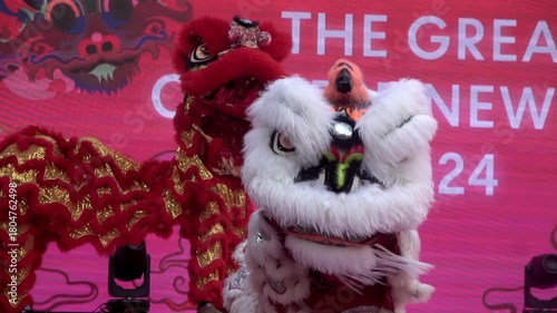 Chinese lion dance performing, Slow motion.	
