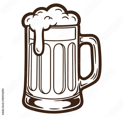 Outline illustration of a full beer mug with frothy head and overflowing foam