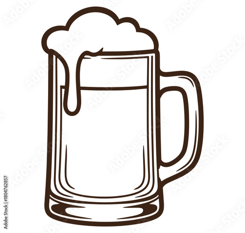 Outline illustration of a full mug of beer with overflowing foam on a white background