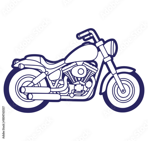 Outlined vintage cruiser motorcycle design in a classic dark blue color suitable for transportation and adventure