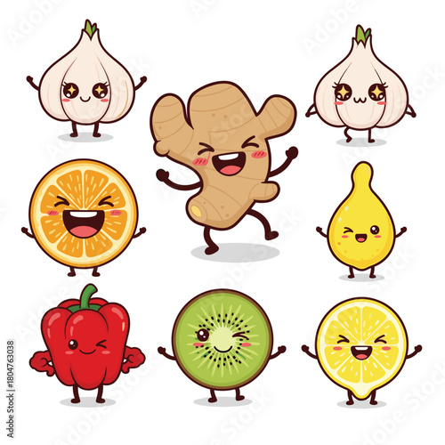 Cute cartoon characters of various fruits and vegetables with happy expressions, including garlic, ginger, orange, lemon, bell pepper, and kiwi.