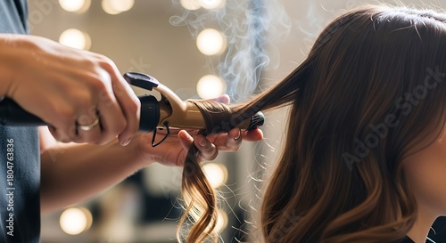 Hairdresser Styling Long Brown Hair with Curling Iron in Salon