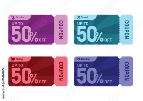 Set of 4 discount coupon templates for fashion, travel, dining, and gaming industries vector illustration
