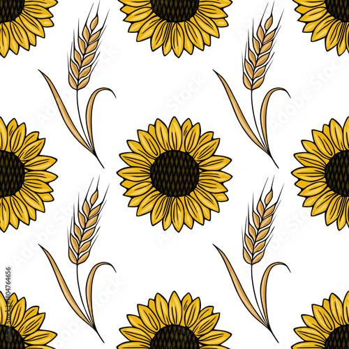 Seamless vector pattern of bright yellow sunflowers and golden wheat stalks on a clean white background, evoking a harvest theme.