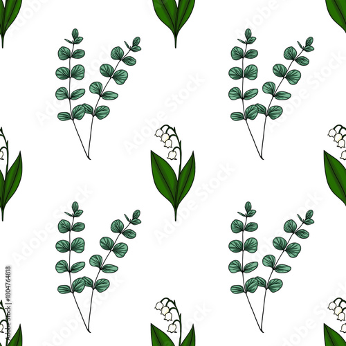 Seamless vector pattern featuring delicate lily of the valley blooms and eucalyptus branches on a white background.
