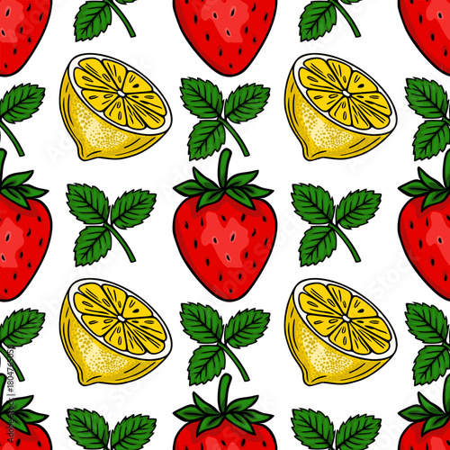 Seamless vector pattern featuring vibrant red strawberries and bright yellow lemon slices with green leaves, evoking a fresh and summery feel.