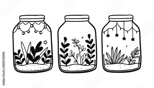 Cute terrarium drawing black and white line art for coloring book
