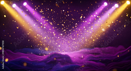 Background de Carnaval com Confetes Dourados, Holofotes e Efeito de Palco em Roxo Abstrato