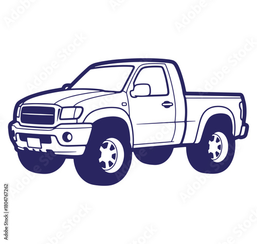 Vector illustration of a blue outline pickup truck against a white background