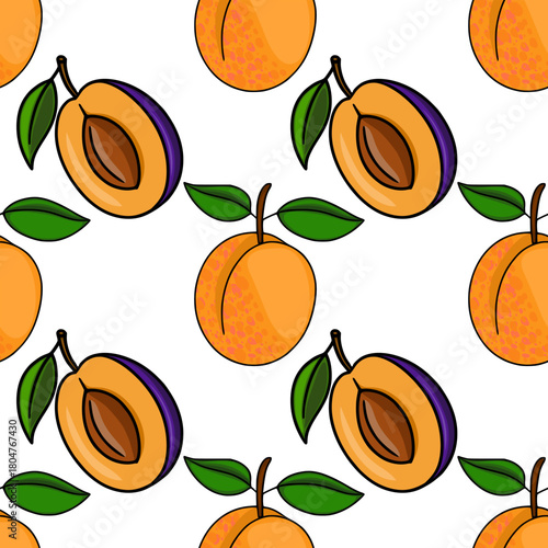 Seamless vector pattern of juicy plums and apricots with leaves, showcasing vibrant orange and purple hues and detailed fruit textures.